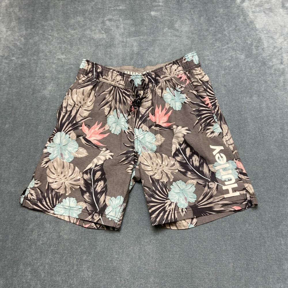 Hurley Board Shorts Mens Medium Gray Tropical Floral Stretch Swim Trunks Beach